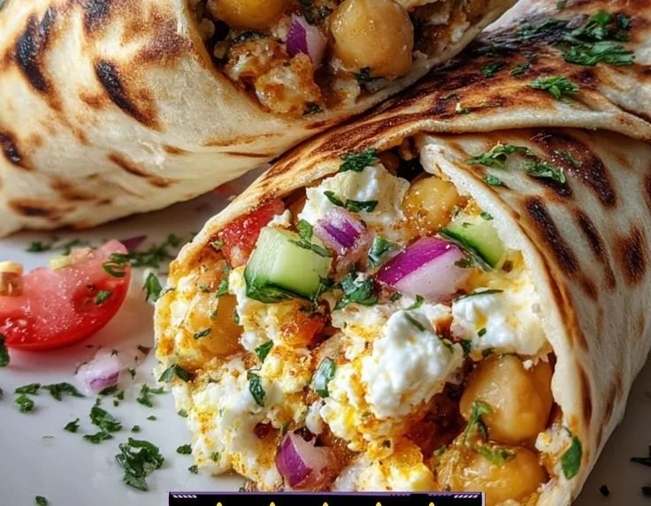 Greek chickpea and feta warm wraps served on a plate