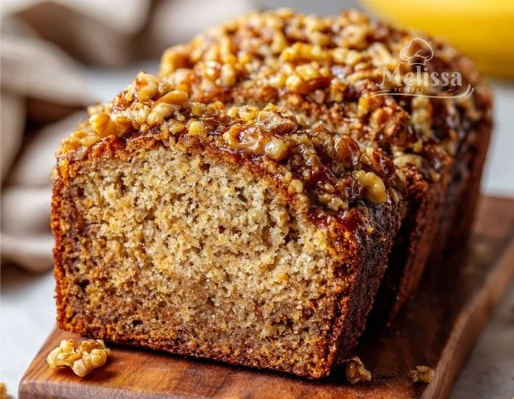 Delicious slice of Greek Yogurt Banana Bread on a wooden table