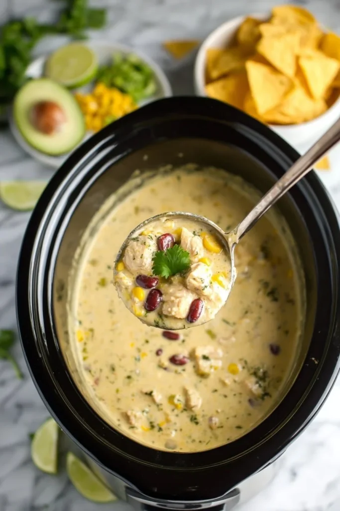 Bowl of green chicken enchilada soup topped with cilantro and lime