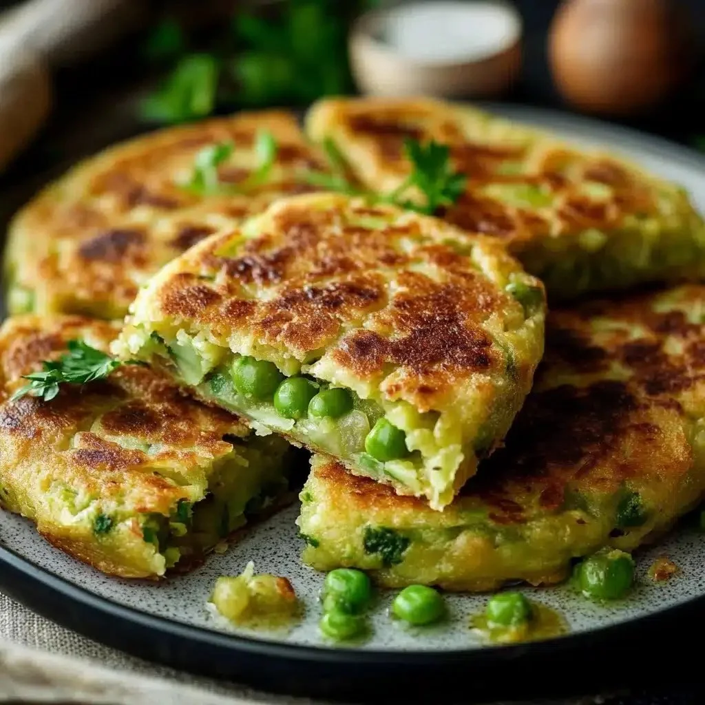 Delicious homemade Green Pea Patties served with a side of dipping sauce.