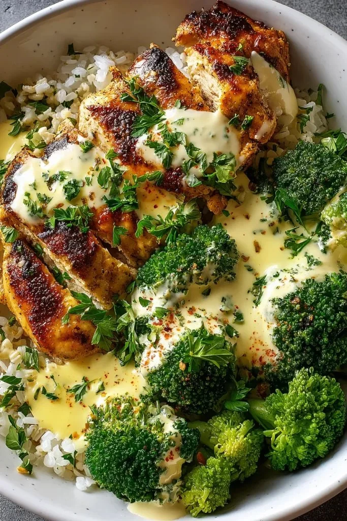 Grilled chicken bowl with broccoli and creamy garlic sauce