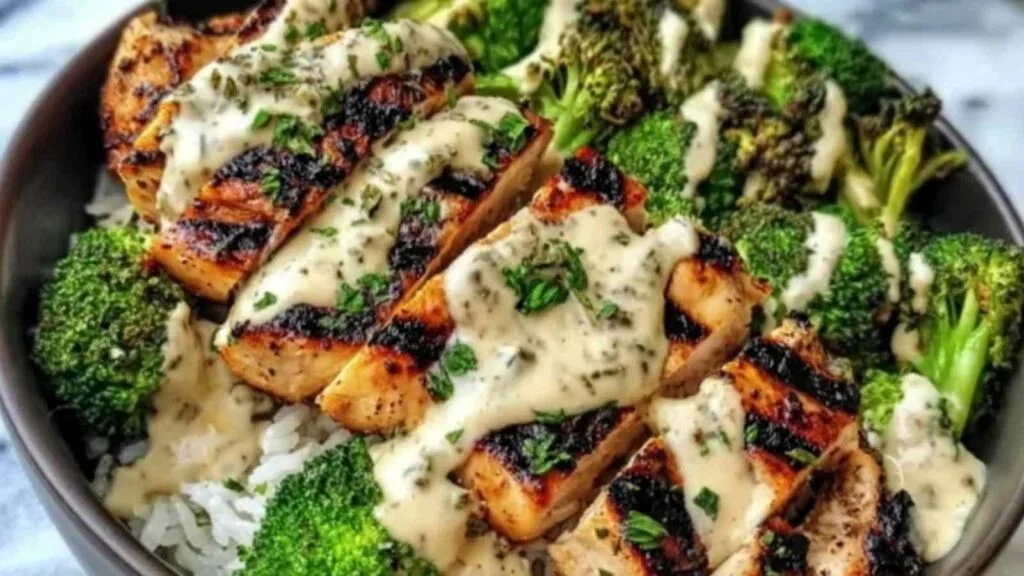 Grilled chicken broccoli bowls with creamy garlic sauce served in a bowl