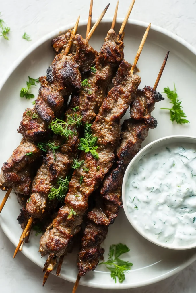 Grilled halal beef skewers served with tzatziki sauce on a plate.