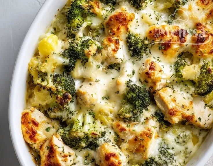 Healthier broccoli chicken casserole dish served in a white bowl