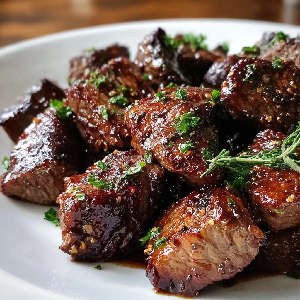 Healthy garlic balsamic steak bites served on a plate.