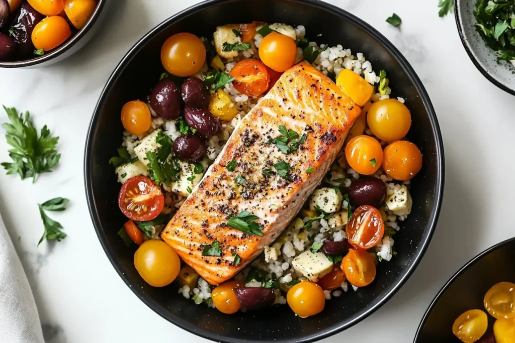 Healthy Mediterranean Salmon Bowl featuring fresh salmon and seasonal ingredients