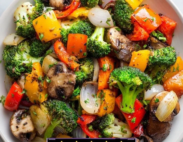 Colorful sautéed vegetables featuring bell peppers, zucchini, and broccoli in a skillet.