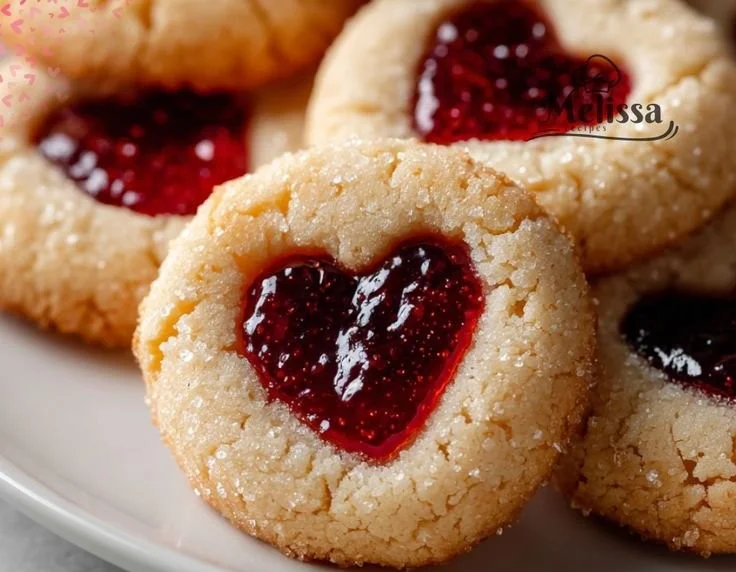 Delicious heart thumbprint cookies topped with sweet jam for Valentine's Day.