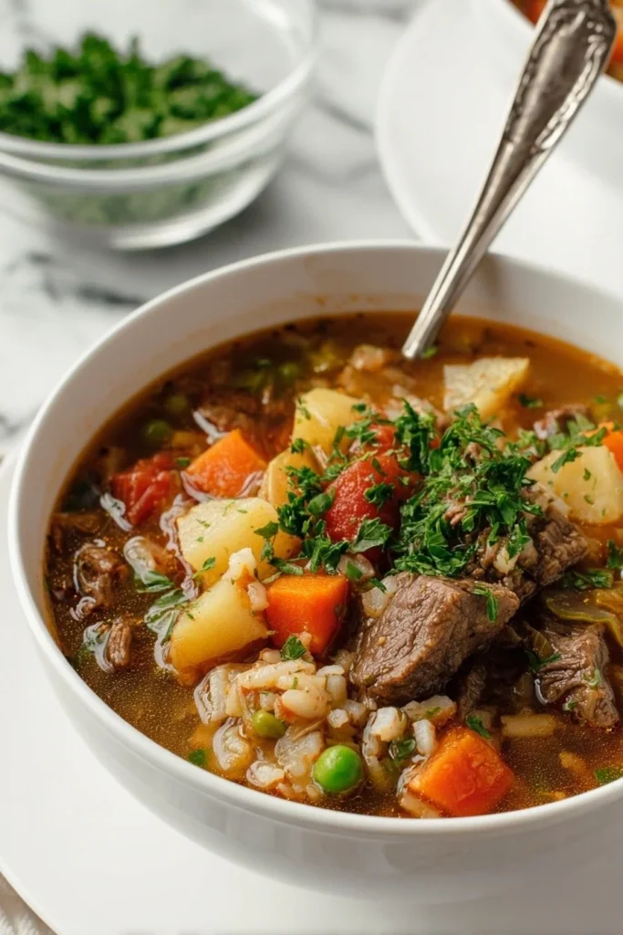 A bowl of hearty beef barley soup filled with vegetables and tender beef.