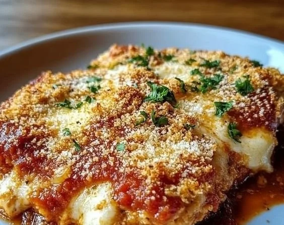 High Protein Casserole Chicken Parmesan with cheese and herbs in a baking dish