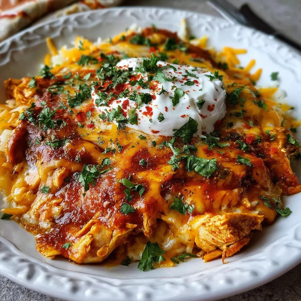 High-protein chicken enchilada bowl topped with fresh ingredients