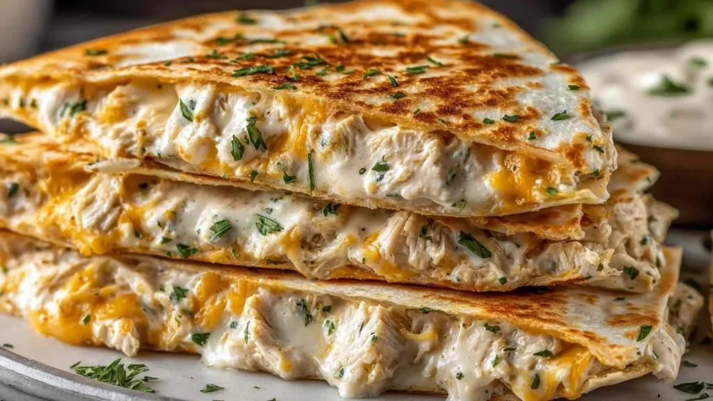 High protein chicken ranch quesadilla filled with cheese and grilled chicken