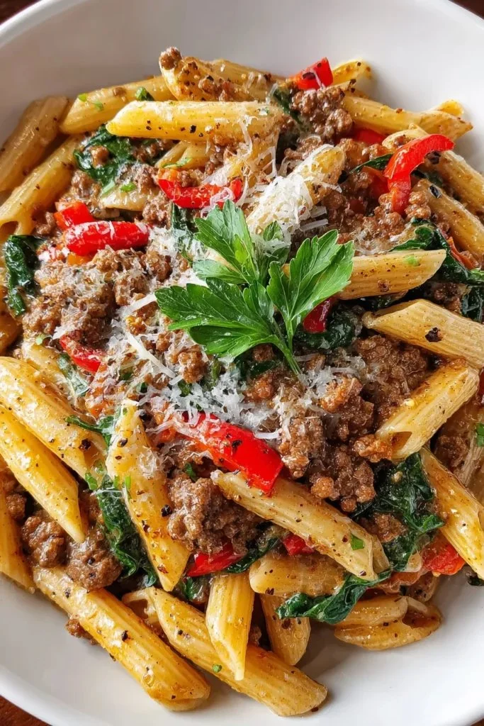 High protein creamy beef pasta dish topped with herbs