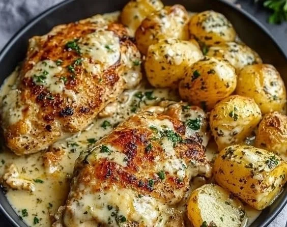 Plate of high-protein creamy garlic cheesy chicken with potatoes