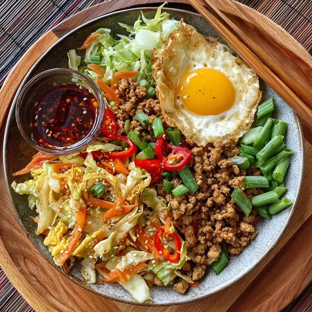 High Protein Egg Roll in a Bowl topped with fresh vegetables and sauces
