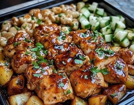 High protein honey BBQ chicken served with creamy garlic parmesan potatoes