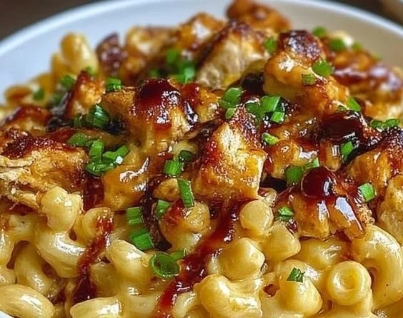 High-protein honey BBQ chicken mac and cheese dish topped with cheese and herbs.