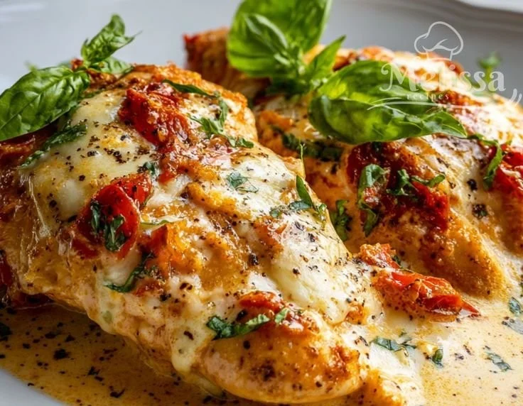 High protein Marry Me Chicken recipe on a plate with garnishes