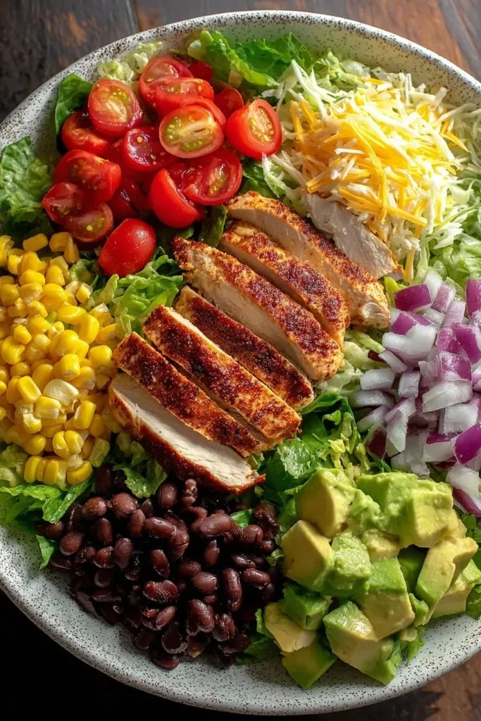 High Protein Southwest Chicken Salad with grilled chicken, beans, and veggies
