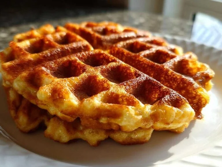 Delicious high protein waffles topped with fresh berries and syrup