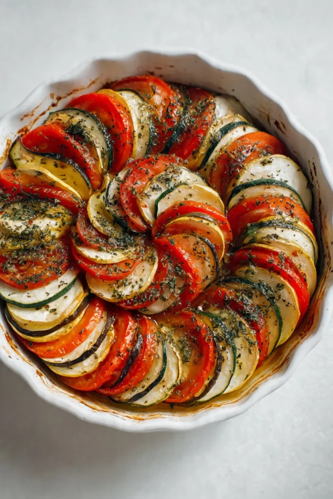 Delicious layered homemade ratatouille with fresh vegetables