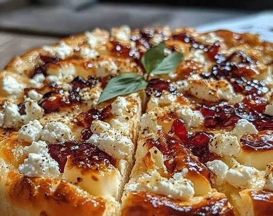 Hot honey and feta pizza topped with drizzled honey and fresh herbs
