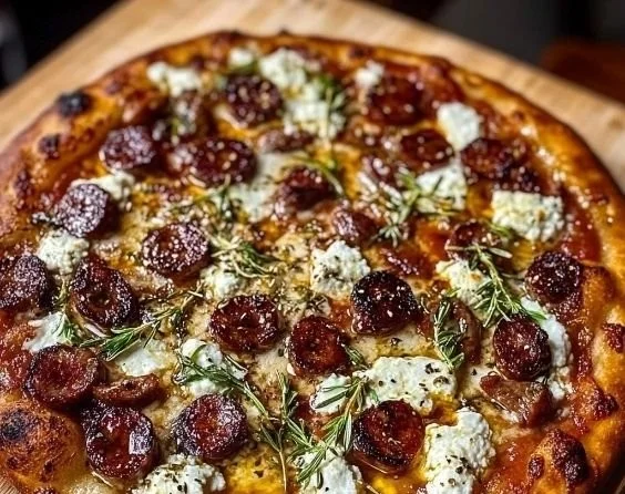 Hot Sausage Feta Honey Pizza topped with sausage and feta cheese