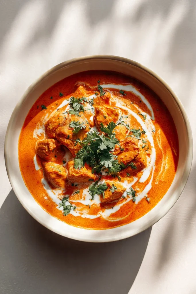 Delicious Indian Butter Chicken served with naan and rice