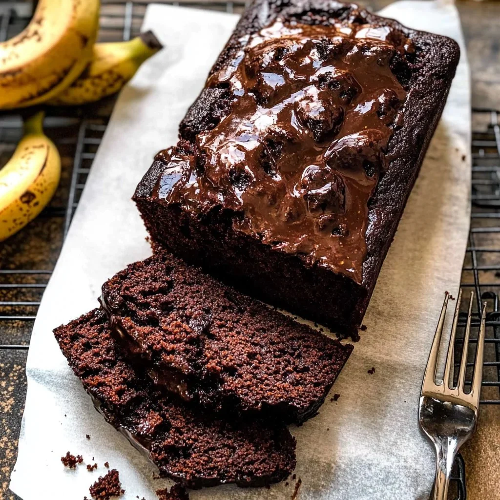 Indulgent double chocolate banana bread with chocolate chips and ripe bananas
