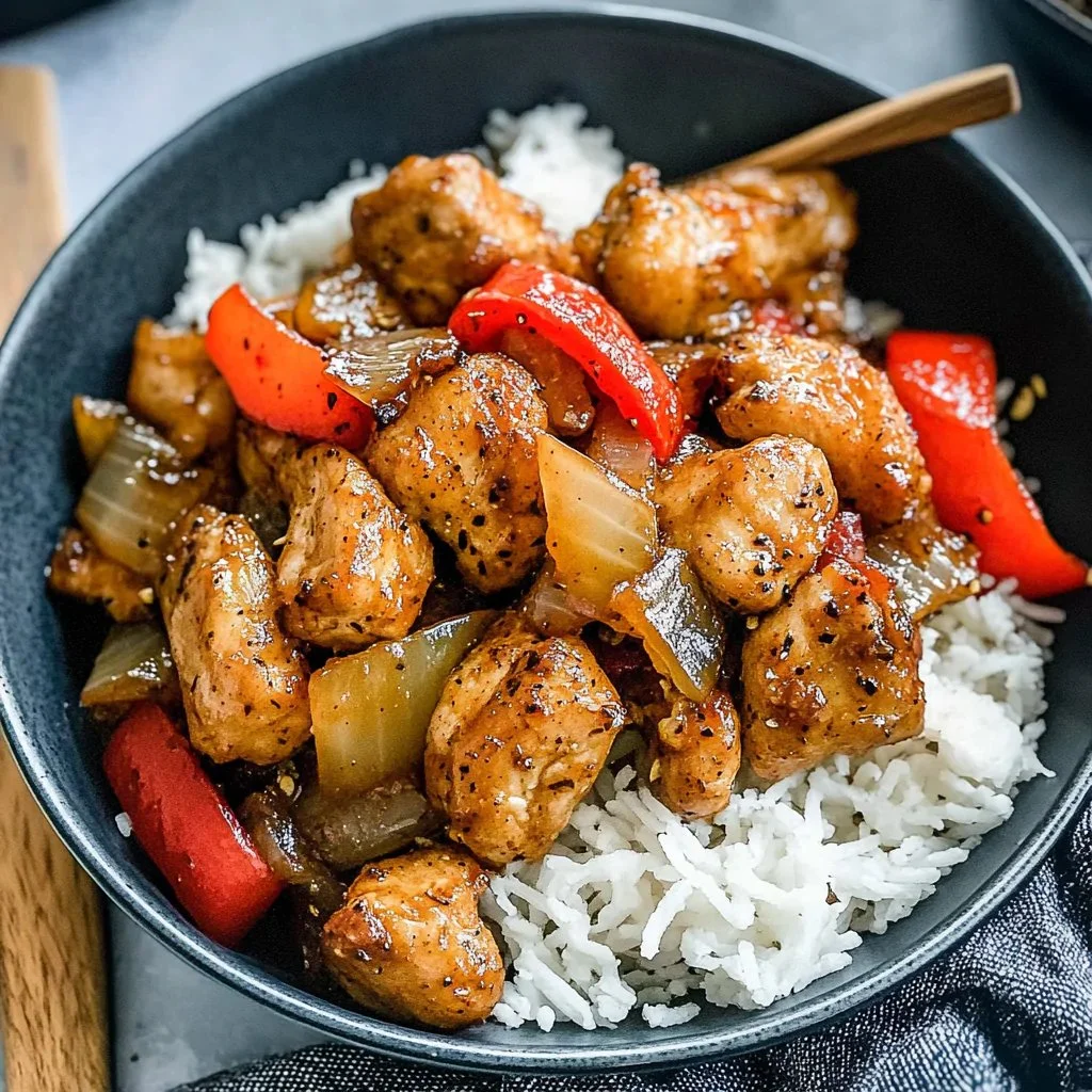 Plate of delicious Black Pepper Chicken garnished with vegetables