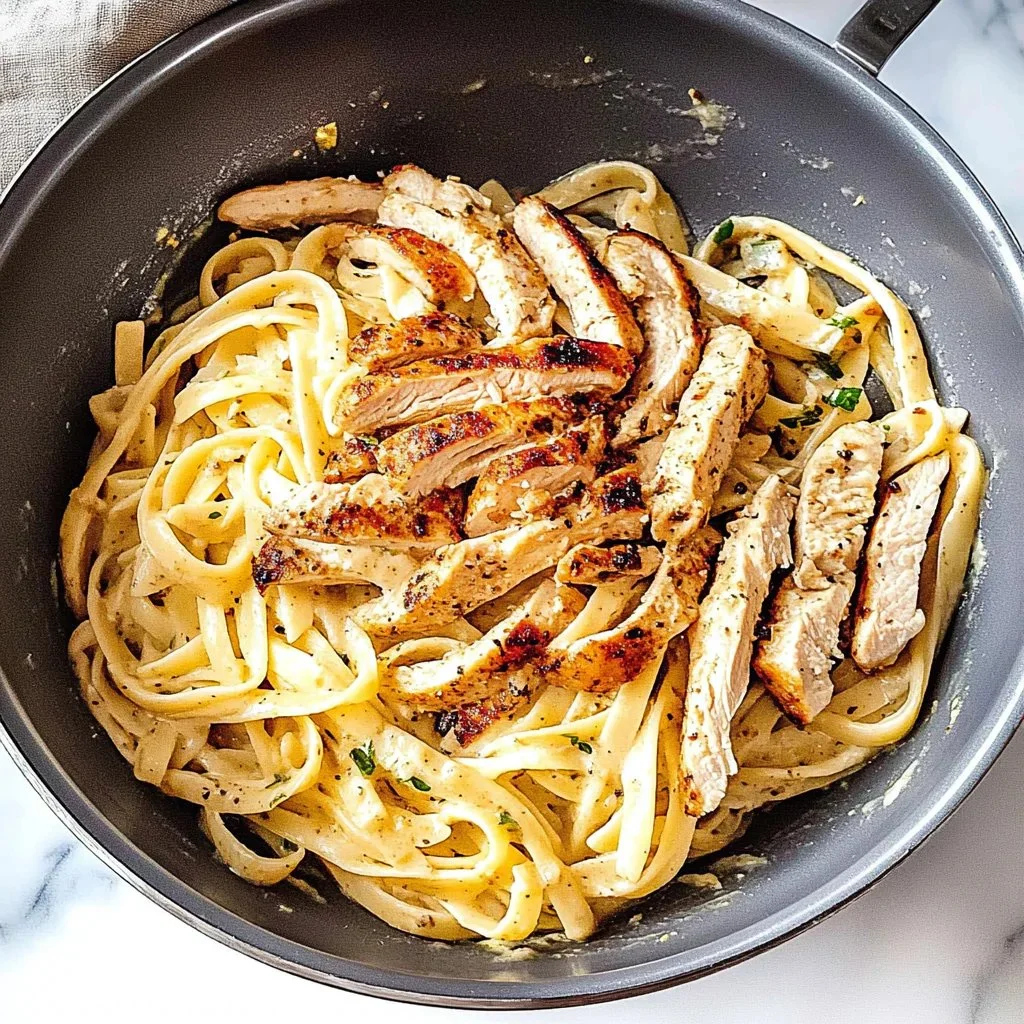 Plate of creamy Blackened Chicken Alfredo with chicken slices and pasta