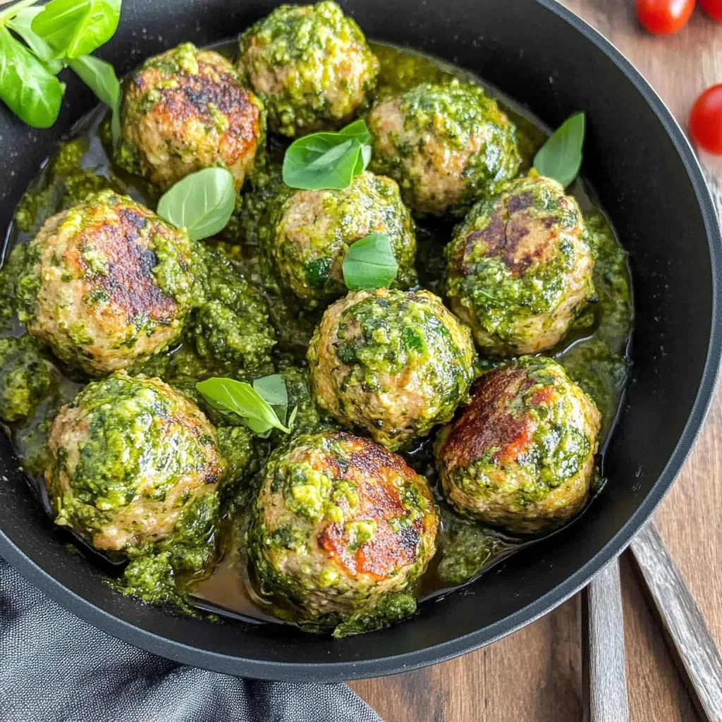 Plate of irresistible chicken pesto meatballs with fresh basil and parmesan