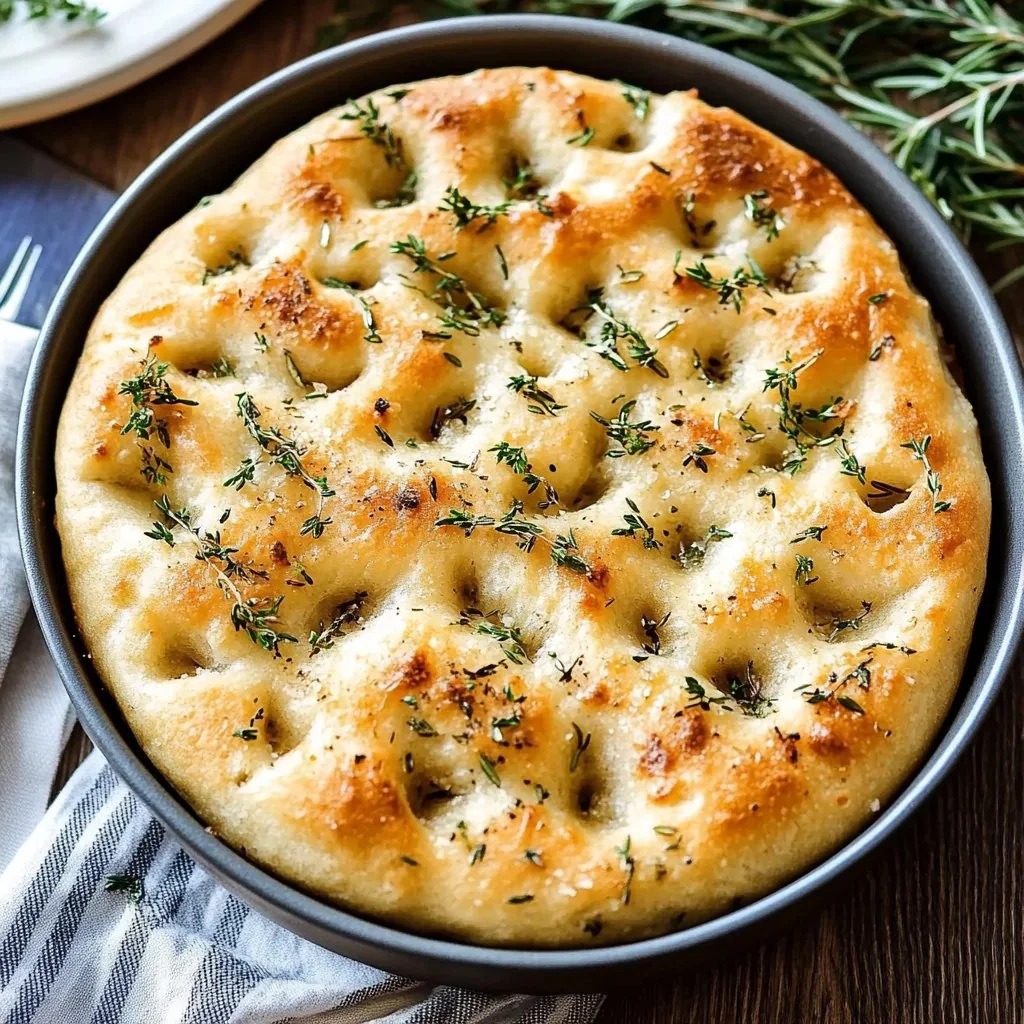 Freshly baked herb focaccia topped with aromatic herbs and olive oil
