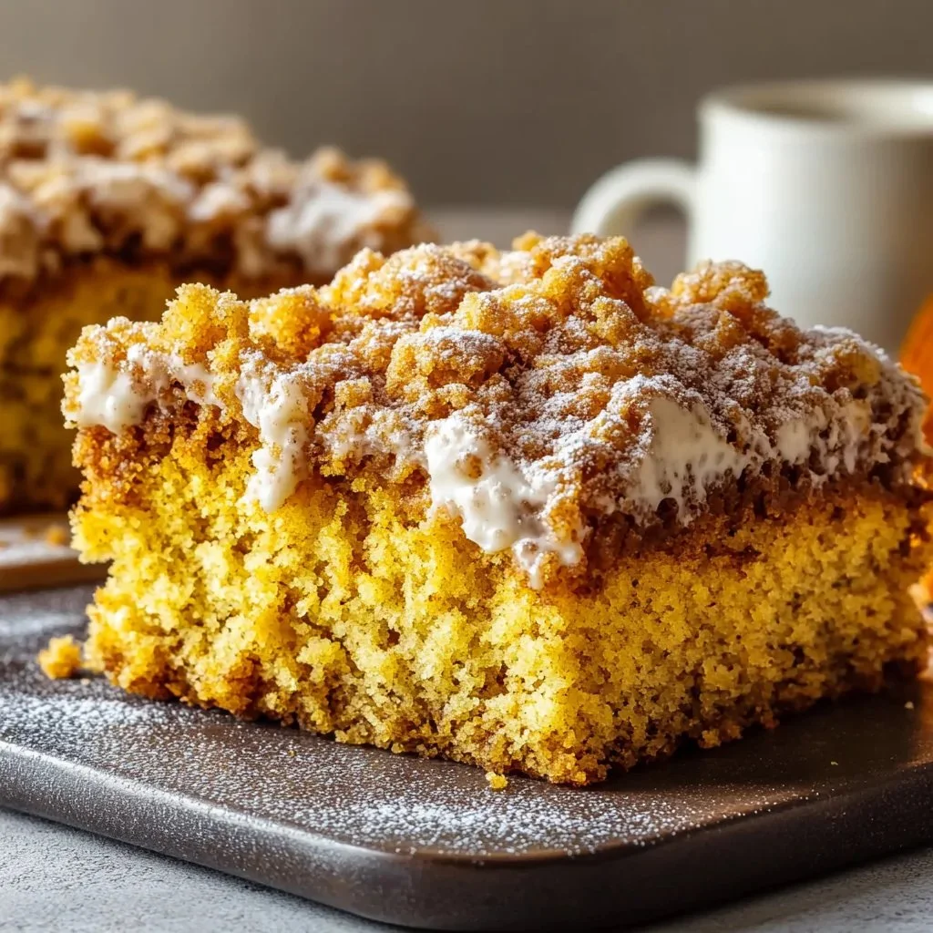 Delicious slice of pumpkin coffee cake with cream cheese frosting