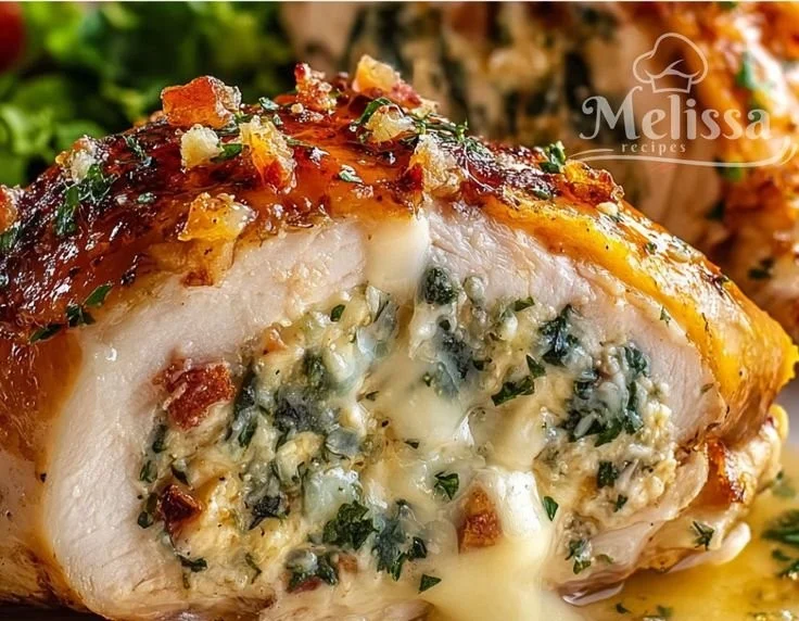 Delicious Ruth's Chris inspired stuffed chicken dish garnished and plated.