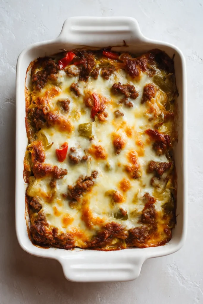 A serving of John Wayne Casserole topped with cheese and jalapenos on a white plate.