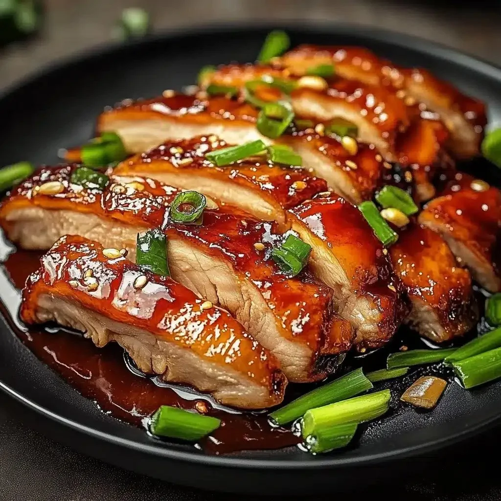 Juicy Char Siu Chicken served with rice and vegetables.