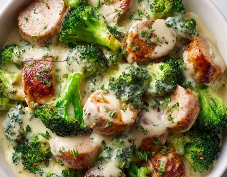 Keto Broccoli and Cauliflower Au Gratin with Sausage dish served in a bowl