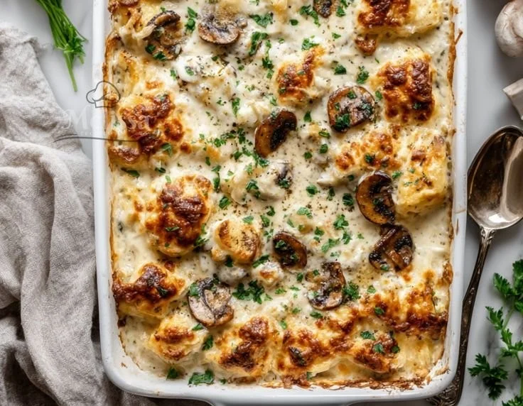 Delicious Keto Chicken Mushroom Casserole topped with cheese and herbs