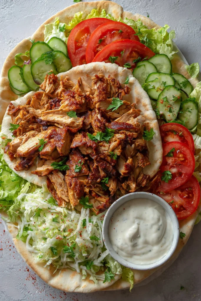 Delicious Lebanese Chicken Shawarma served with fresh vegetables and sauces