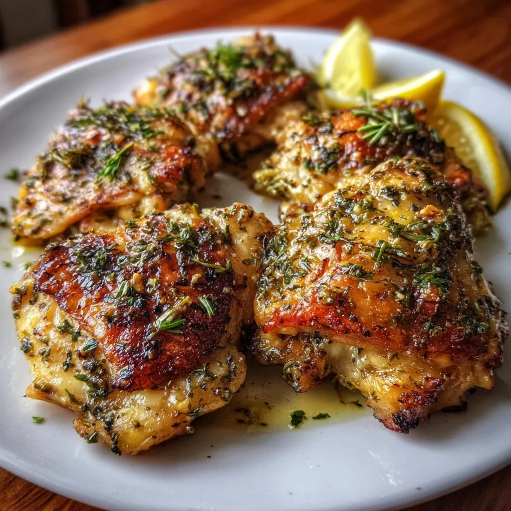 Delicious lemon garlic chicken dish garnished with fresh herbs.