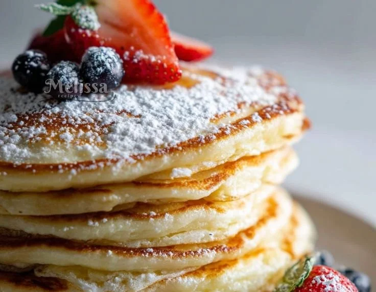 Fluffy Lemon Ricotta Pancakes served with fresh fruit and syrup