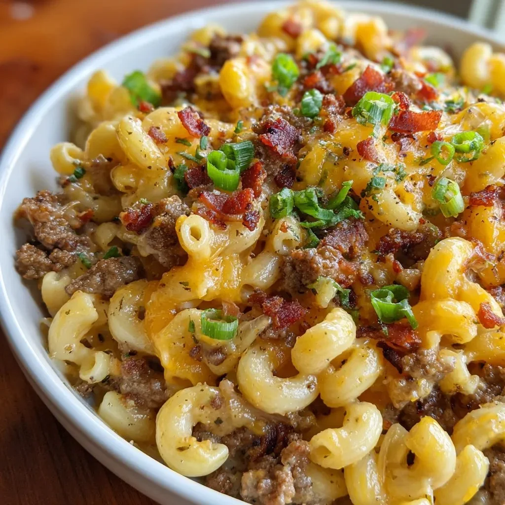 Bacon cheeseburger pasta topped with cheese and bacon in a creamy sauce