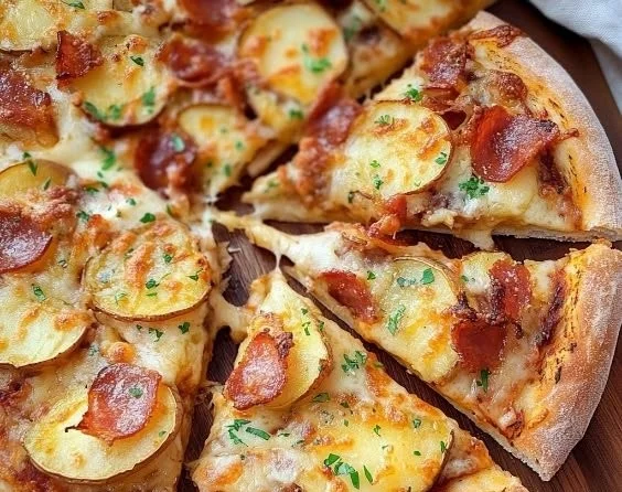 Loaded baked potato pizza topped with cheese, bacon, and sour cream