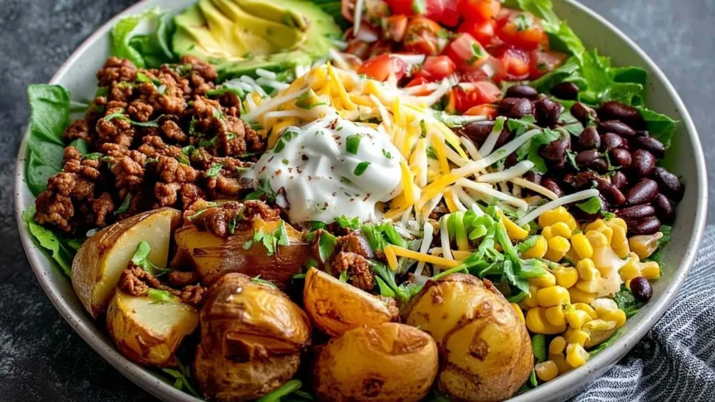 Delicious Loaded Potato Taco Bowl topped with fresh ingredients and taco flavors