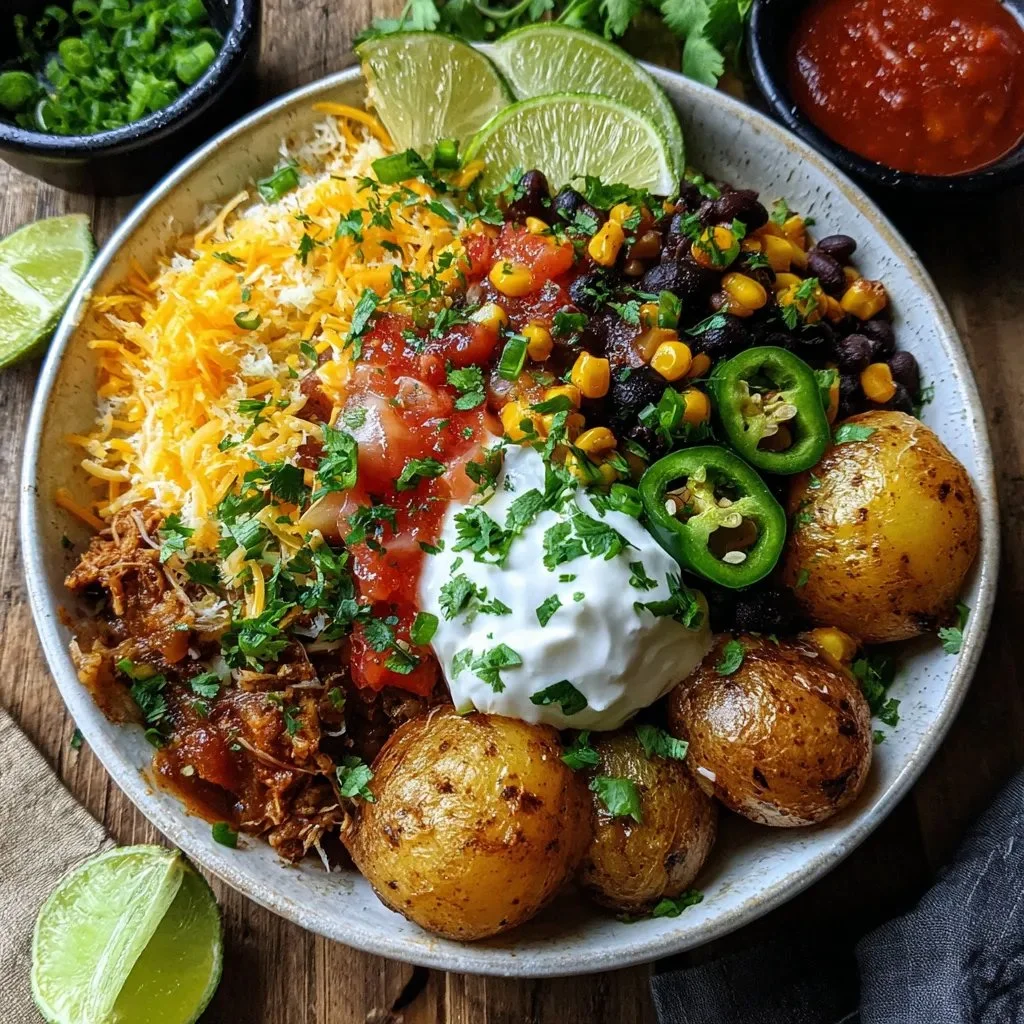 Delicious loaded potato taco bowls topped with fresh ingredients