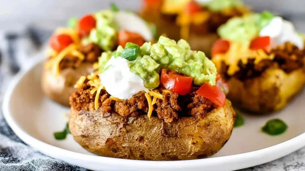 Loaded taco potatoes topped with cheese, sour cream, and fresh toppings.