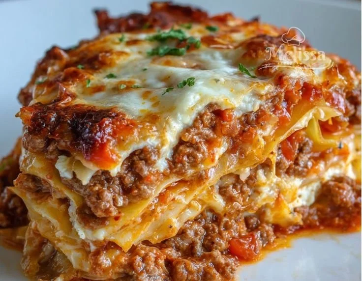 Low carb unstuffed cabbage casserole topped with cheese and herbs