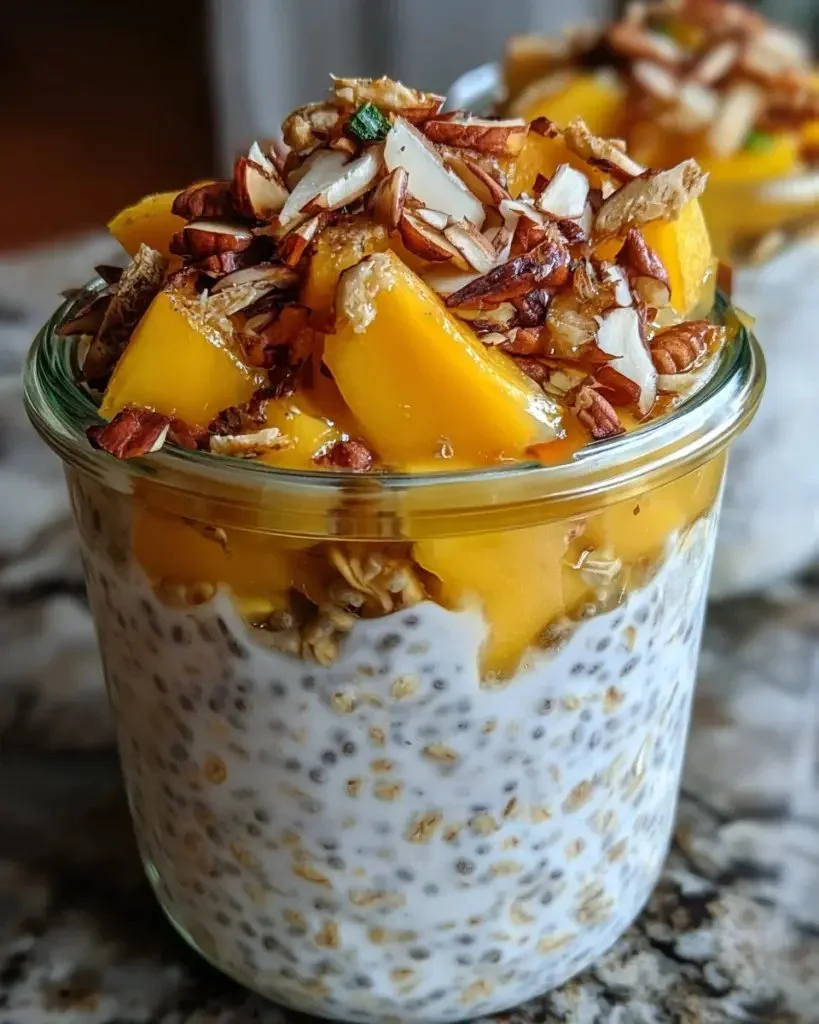 Bowl of mango chia overnight oats topped with fresh mango slices.