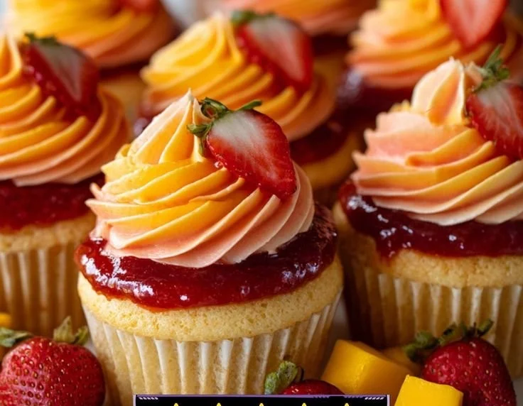 Mango Strawberry Sunset Cupcakes with vibrant toppings and fresh fruit